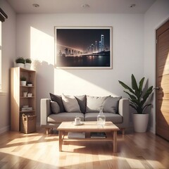 Modern living room interior with a comfortable grey sofa, wooden coffee table, and a large framed cityscape picture on the wall.