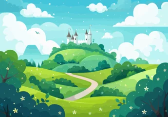 Poster a cartoon landscape with a castle on a hill © Nguyn