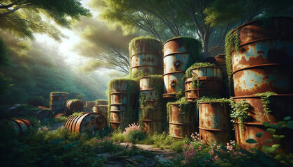 Naklejka premium Sunlit forest with overgrown rusty barrels