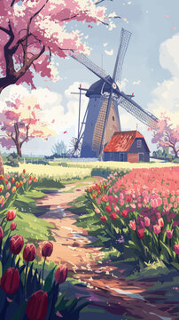 a painting of a windmill in a field of tulips