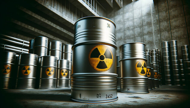 Hazardous radioactive waste barrels in a storage facility.