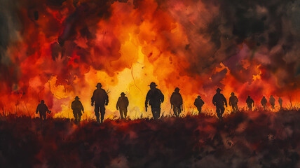 A painting of a group of men in the middle of a fire
