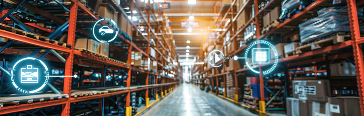 A logistics warehouse with IoT technology tracking inventory and order fulfillment processes.