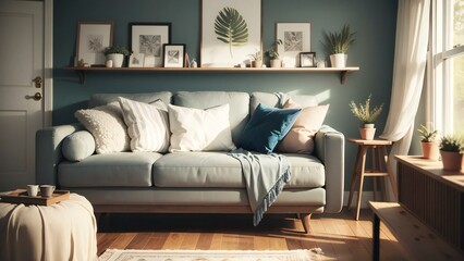 Cozy living room with a light blue sofa, decorative pillows, and a variety of houseplants. Artwork hangs above the sofa.