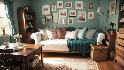 Cozy living room with a white sofa, teal throw pillows, and a gallery wall of framed photos. Sunlight streams through the window, creating a warm, inviting atmosphere.
