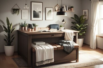 A cozy home office with a wooden desk, open book, plants, and wall decorations in a well-lit room.