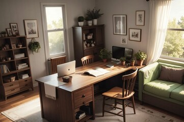 Fototapeta premium Cozy home office with a wooden desk, laptop, books, and plants, bathed in warm sunlight.