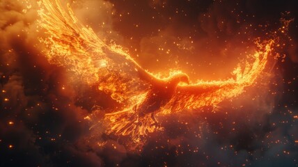 A majestic fire eagle soars through the sky, its wings spread wide. - obrazy, fototapety, plakaty