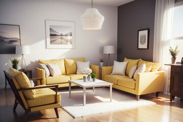 Fototapeta premium Elegant living room interior with yellow sofas, white cushions, and stylish decor. Sunlight illuminates the space, creating a warm, inviting atmosphere.