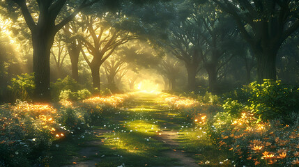 A forest path lit by the soft light of dawn, the leaves overhead filtering the light into a warm glow