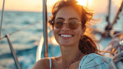 Middle-aged woman enjoying a tranquil sunset while sailing
