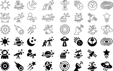 Astronomy Icons. Space Icons set. Telescope, astronaut, observatory, cosmonaut, station, satellite, planets, sun, stars, rocket, spaceship. Line and flat vector