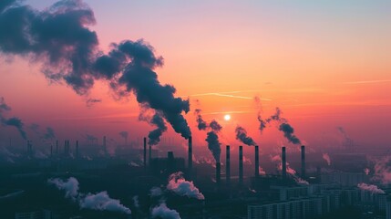 Sunrise over the cityscape with industrial smokestacks emitting plumes, a stark reminder of environmental impact - obrazy, fototapety, plakaty