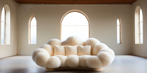 Fototapeta na wymiar White fluffy bubble boucle sofa is sitting in an empty room mock up background decoration scene