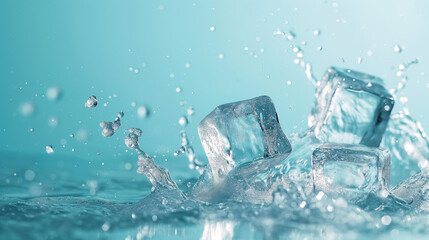 On a blue background, close-up of three ice cubes and water drops