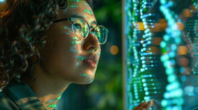 Focused molecular biologist analyzing DNA sequencing data in a laboratory