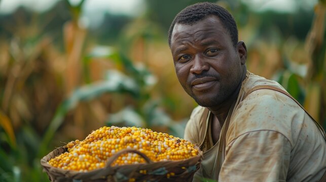 African American Man  in Cornfield at Sunset. Suitable for agricultural concepts. Generative ai