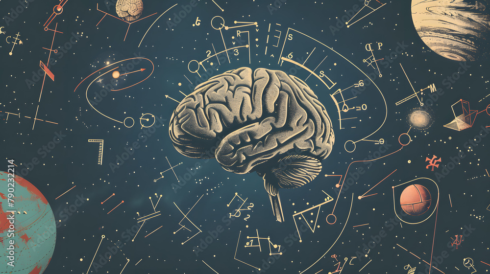 Poster a digital brain with various mathematical and scientific symbols orbiting around it, portraying ai's