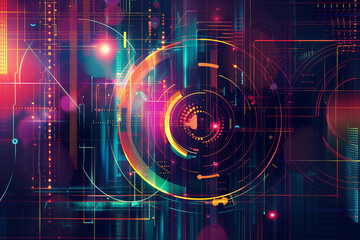 Futuristic Neon Tech Background. Abstract futuristic geometric designs of shapes such as circles with vibrant digital elements, ideal for tech backgrounds.