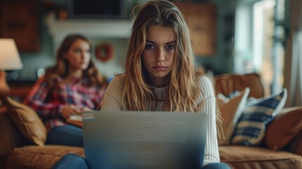 Sad Teenage girl sitting with laptop computer at home and ignoring her frustrated mother in background. Internet addiction in kids and adults. Generative ai - obrazy, fototapety, plakaty