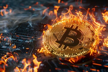 A close up of a bitcoin on a computer motherboard that is on fire.