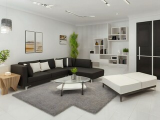 Modern living room interior with a dark brown sectional sofa, white ottoman, glass coffee table, and a gray area rug. White shelves and minimalistic decor enhance the space.