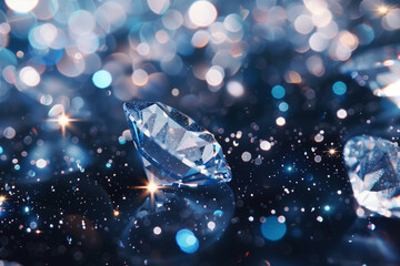 Close-Up Sparkling Diamonds with Bokeh. Close-up of sparkling diamonds with a blue bokeh background, suitable for luxury and romance themes.
