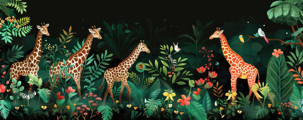 A vibrant jungle scene with exotic animals like zebras and giraffes, lush greenery, and waterfalls