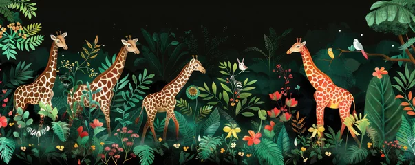Fotobehang A vibrant jungle scene with exotic animals like zebras and giraffes, lush greenery, and waterfalls © Kien