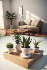 A serene living room with a beige sofa, wooden coffee table, and potted plants in a sunlit space.