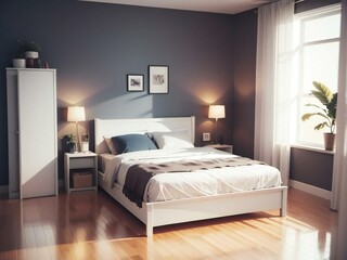 A modern bedroom with a neatly made bed, side tables, and decorative plants by a sunlit window.