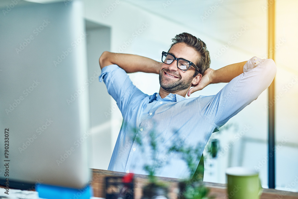 Poster Man, office and break with smile at desk with relax or happy at work with confidence at table. Journalist, writer and computer with email for connection with pride in modern workplace with glasses