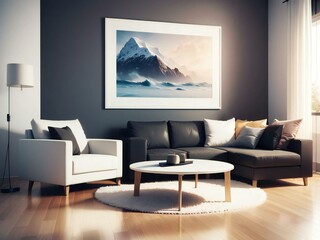 Modern living room with stylish furniture and a large framed painting of a snowy mountain landscape on the wall.