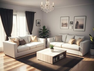 Elegant living room with two white sofas, a wooden coffee table, and a chandelier, bathed in natural light.