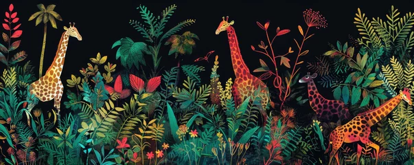  A vibrant jungle scene with exotic animals like zebras and giraffes, lush greenery, and waterfalls © Kien