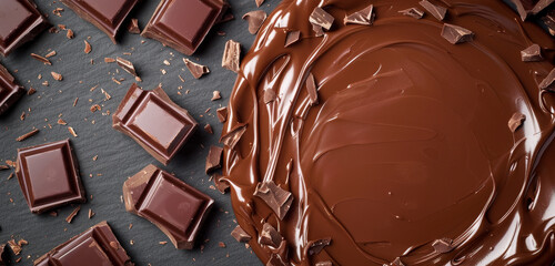 Glossy melted chocolate spread with solid chocolate pieces.
