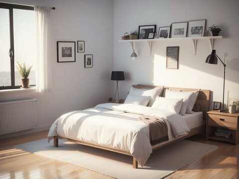 A modern bedroom with a neatly made bed, sunlight streaming through the window, and a shelf with framed pictures.