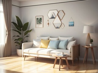 A modern living room with a white sofa adorned with colorful pillows, geometric wall art, and a large potted plant beside a window. - obrazy, fototapety, plakaty