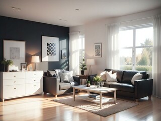 Elegant living room interior with modern furniture, large windows, and artwork on the walls, bathed in natural light. - obrazy, fototapety, plakaty
