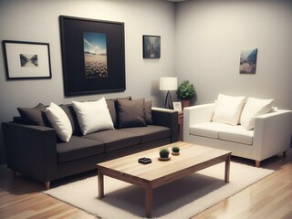 Modern living room interior with a brown sofa, white armchair, wooden coffee table, and framed pictures on the wall.