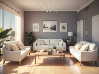 Modern living room with white sofas, wooden floor, and wall art, bathed in natural sunlight.
