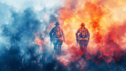 Two firefighters are walking through a fire, one is wearing a blue helmet