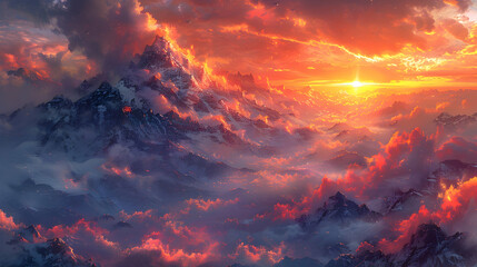 A high mountain pass, with low clouds lit by the rising sun, creating a fiery display of colors above the rugged terrain