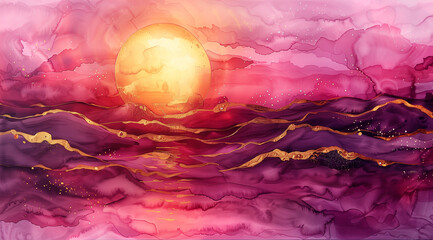 Ethereal Lavender Dusk - Surreal Sunset Landscape Painting with Golden Accents for Dreamlike Decor and Creative Visualisation