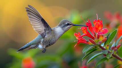 Fototapeta premium A hummingbird feeding on a bright red flower, its wings a blur of motion, captured with high-speed photography to freeze the moment