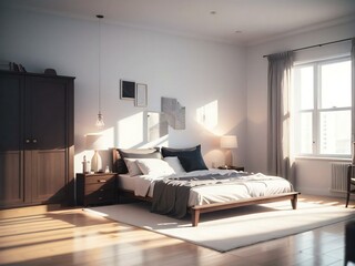 Elegant bedroom interior with a large bed, side tables, lamps, and a wardrobe in a modern home with sunlight streaming through the window. - obrazy, fototapety, plakaty