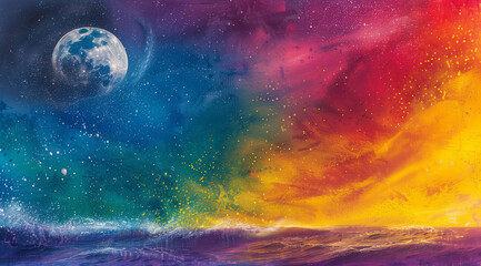 Obraz na płótnie Canvas Cosmic Symphony - Vivid Celestial Seascape with Full Moon and Rainbow Nebula for Mystical Space-Themed Art