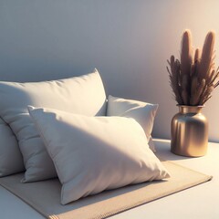 A serene bedroom setup featuring white pillows on a beige mat with a metallic vase holding dried plants.