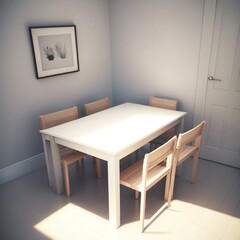 A minimalist dining room with a white table, wooden chairs, and a framed picture on the wall.