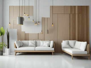 Modern living room with wooden panel walls, white sofas, hanging lamps, and a potted plant.